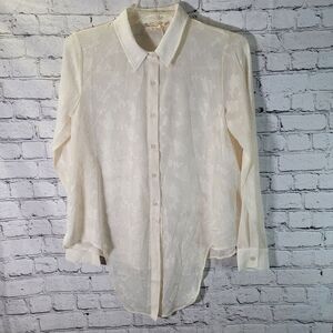 Hem & Thread, Ivory Floral‎ Blouse, Front Tie, Button Up, Size M